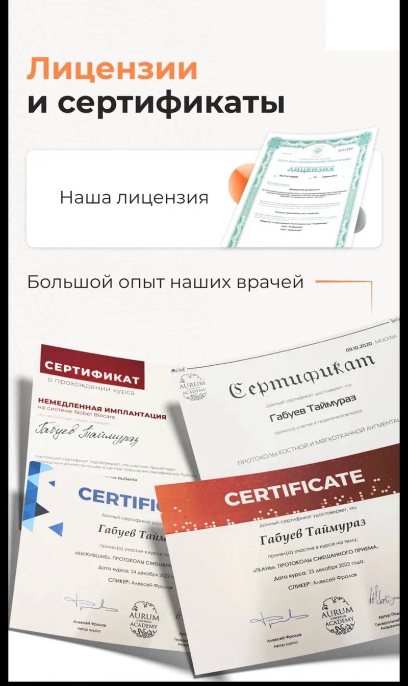 Сертификаты и лицензия Алонта Дентал: Nobel Biocare, Aurum Academy, RuDenta